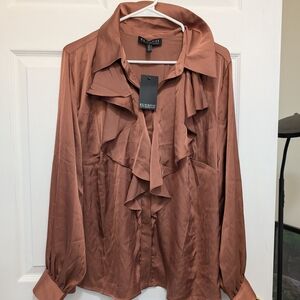 Eloquii Womens Rust Ruffle-Front Blouse